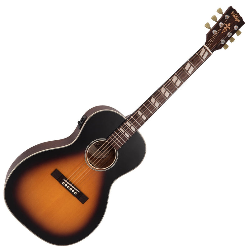 Vintage VE180VSB Historic Series Parlour Electro Acoustic Guitar. Vintage Sunburst Finish