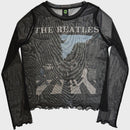 The Beatles Ladies Long Sleeve Mesh Crop Top: Abbey Road & Logo (Black)