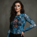 David Bowie Ladies Long Sleeve Mesh Crop Top: Live & Well (Blue)