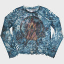 David Bowie Ladies Long Sleeve Mesh Crop Top: Live & Well (Blue)
