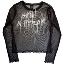 Korn Ladies Long Sleeve Mesh Crop Top: Still A Freak (Black) (Front & Back)