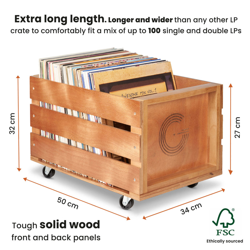 Legend Vinyl - Wooden Vinyl Record Storage Crate on Wheels for 100 LP's