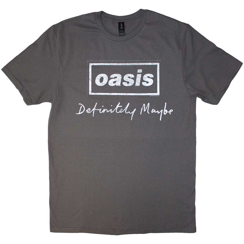 Oasis Unisex T-Shirt: Definitely Maybe Distressed Text Logo (Charcoal Grey)