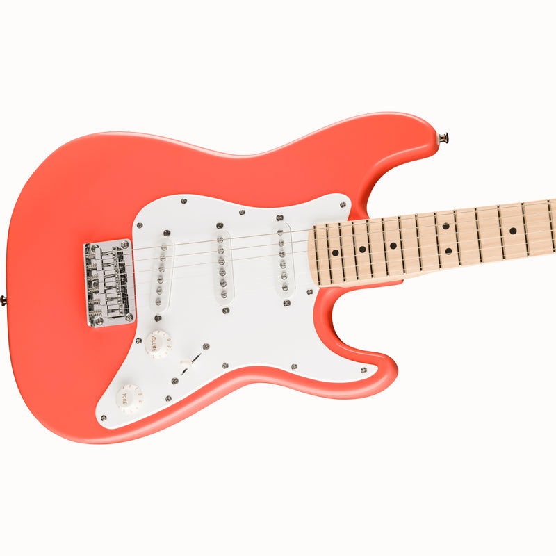 Squier FSR Mini Stratocaster, Maple Fingerboard, White Pickguard, Tahitian Coral