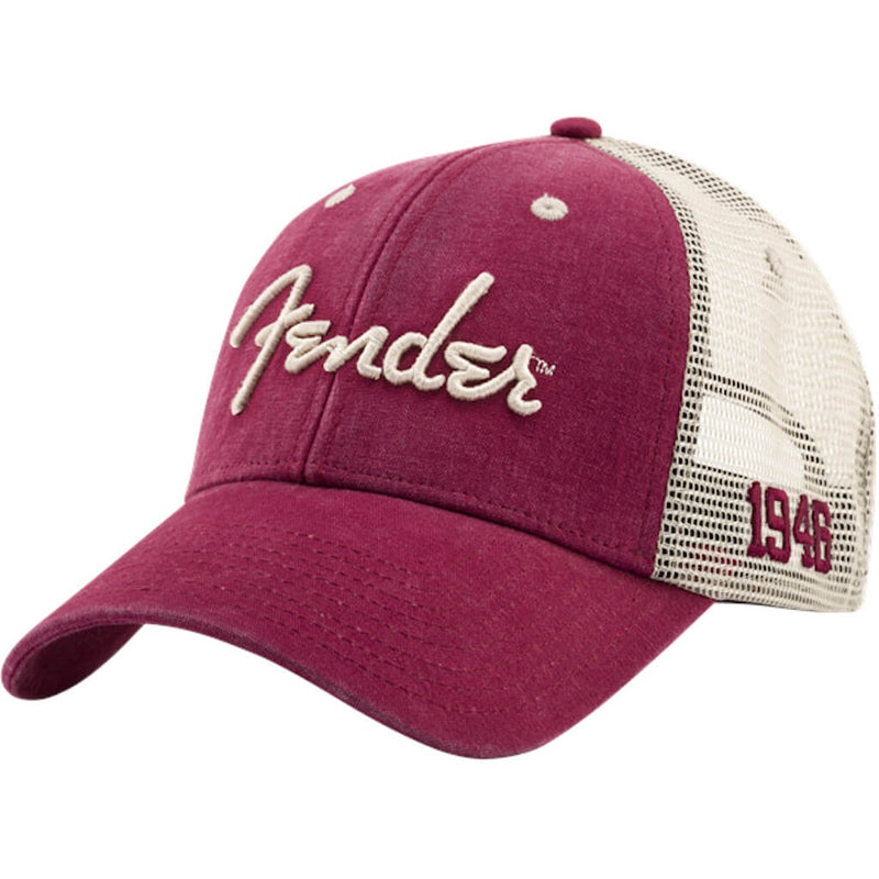 Fender (Spaghetti Logo Maroon) Washed Trucker Hat