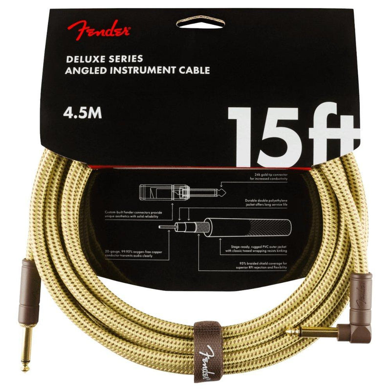 Fender Deluxe Series Instrument Cable. Straight/Angle. 15ft. Tweed - The Musicstore UK